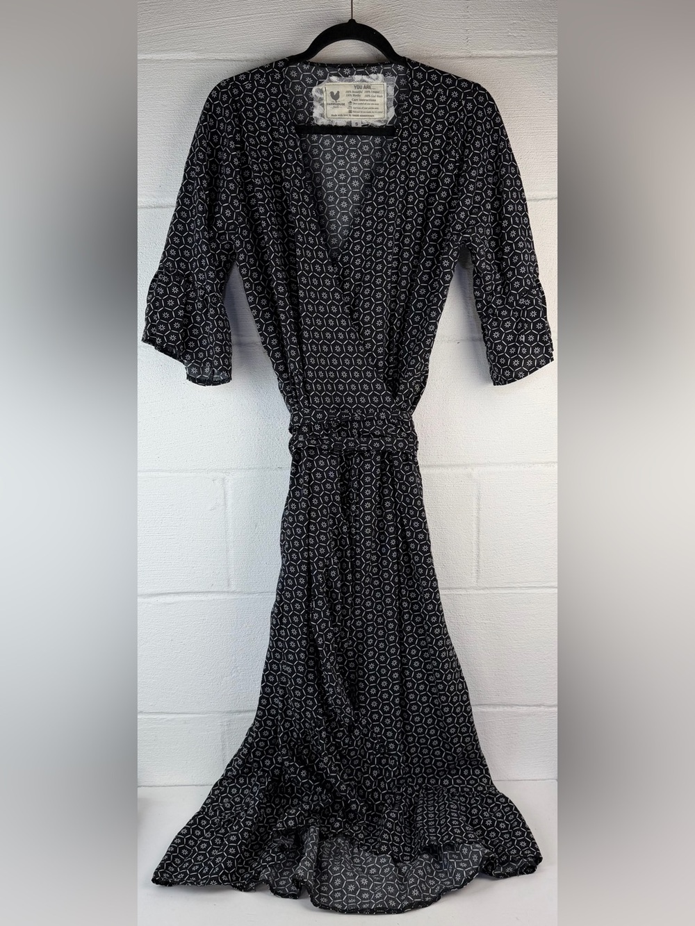 Farmhouse Frocks Black Print Lena Maxi Wrap Dress, Small